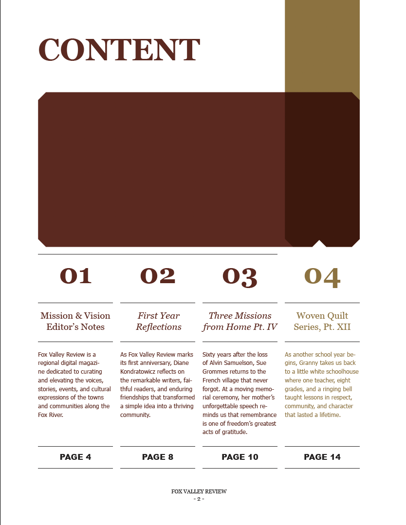 Fox Valley Review August 2026 table of contents, page one