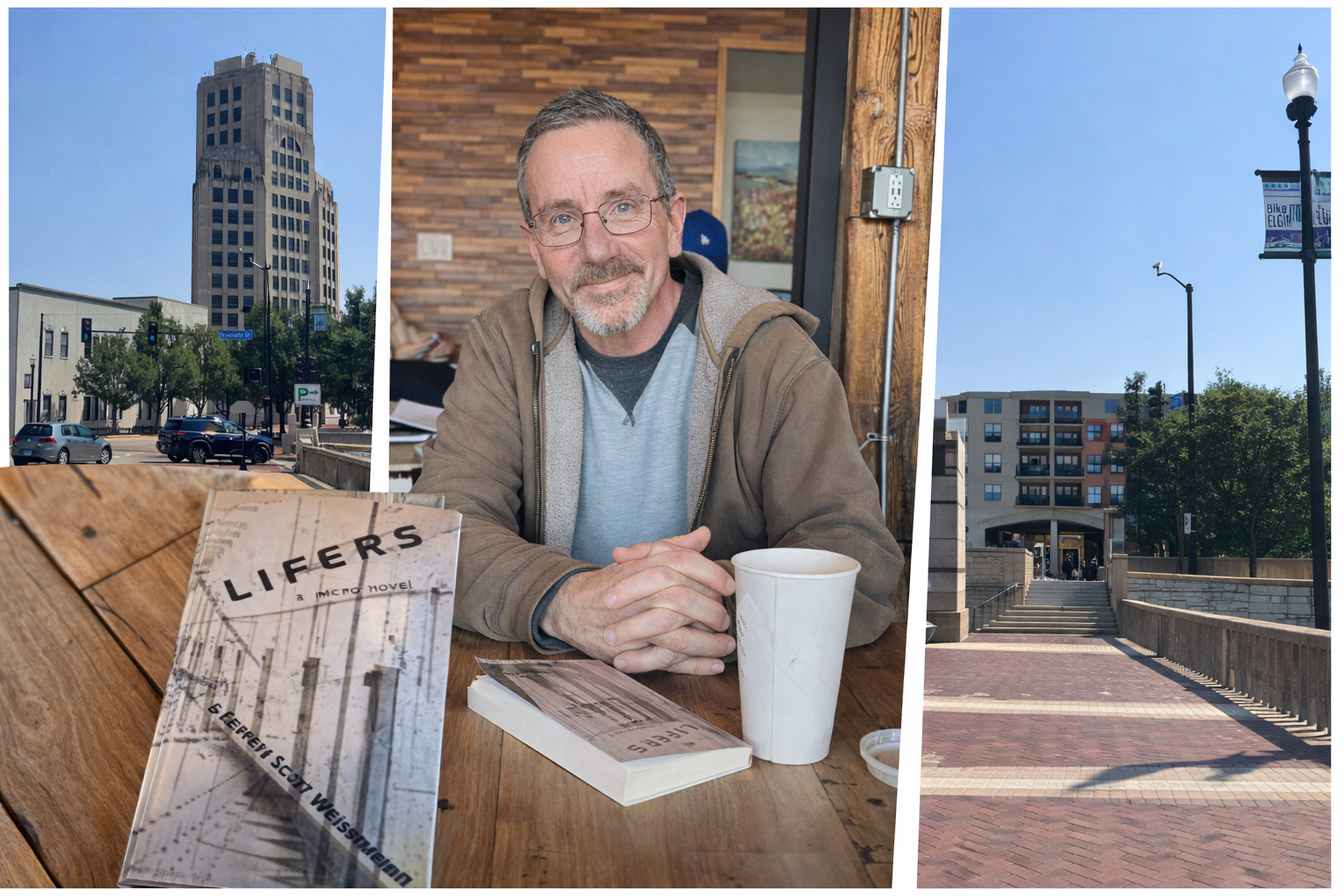 Downtown Elgin, riverwalk scene, and public intellectual.